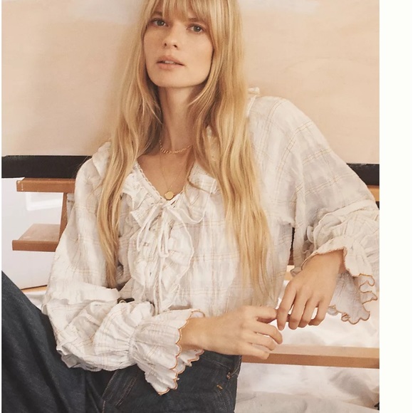 🍃💕NWT Anthropologie Chrissy Ruffled Prairie Check Peasant Blouse Size M - Picture 1 of 15